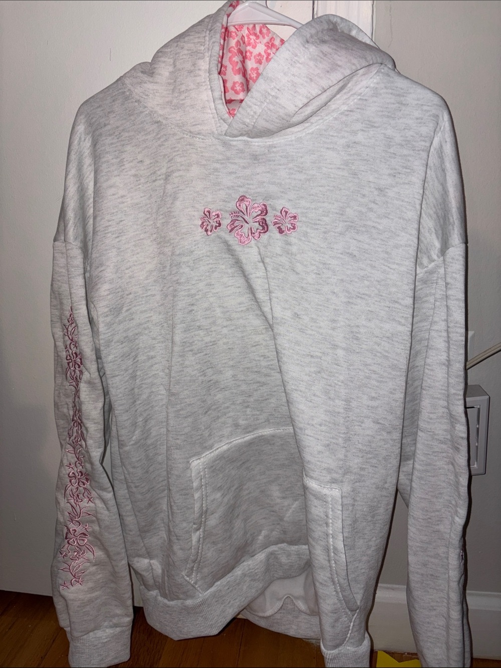 Women’s Light Gray Hoodie with Pink Floral Embroidery